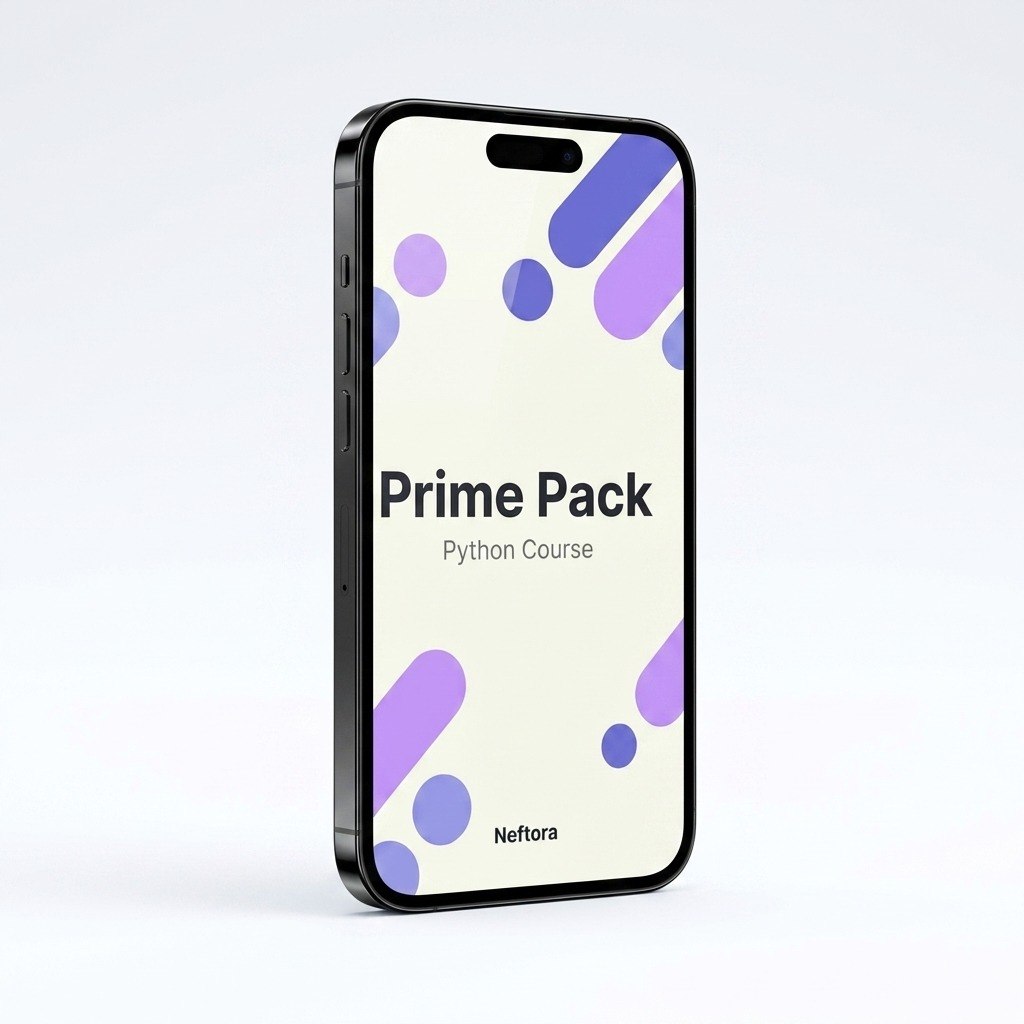 Phone displaying 'Prime Pack Python Course' by Neftora on a light gray background