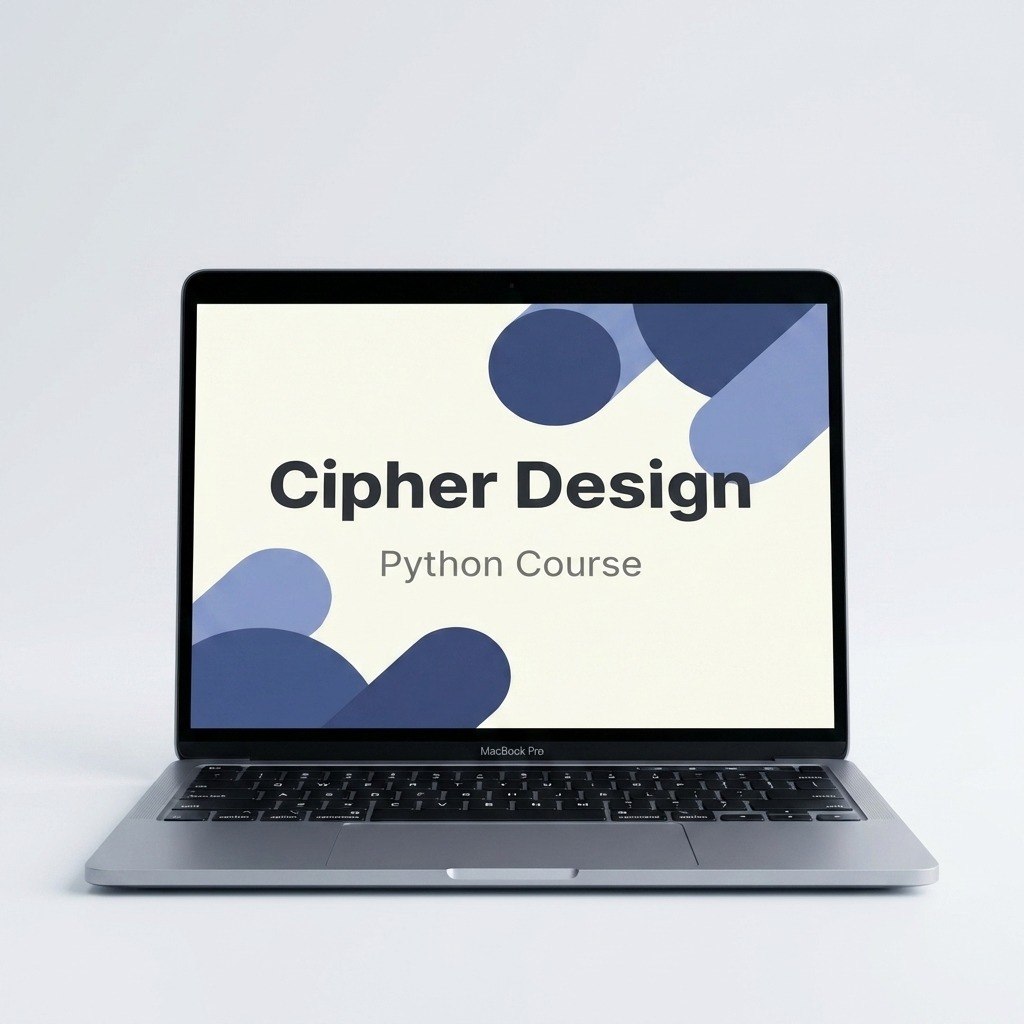 Laptop displaying 'Cipher Design Python Course' on a light gray background