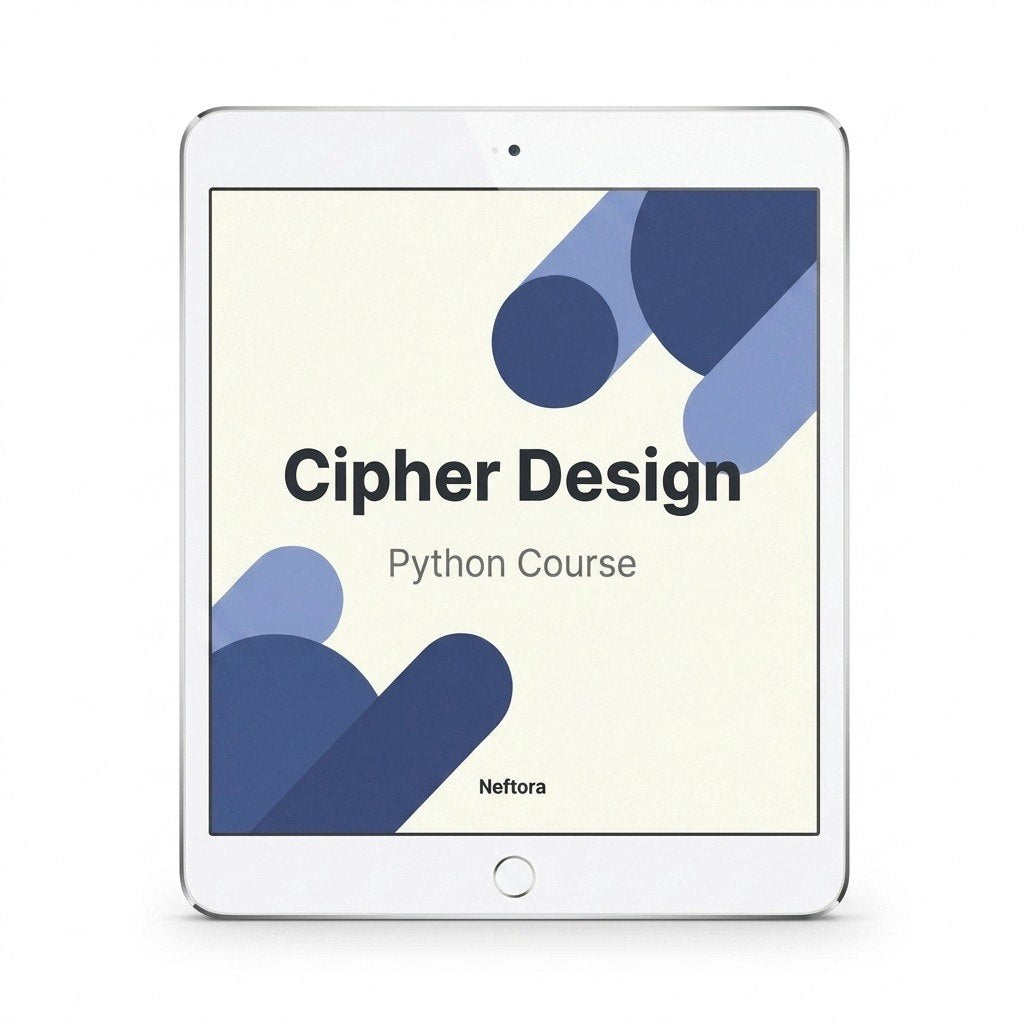 Tablet displaying 'Cipher Design Python Course' on a white background
