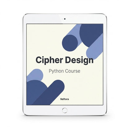 Tablet displaying 'Cipher Design Python Course' on a white background