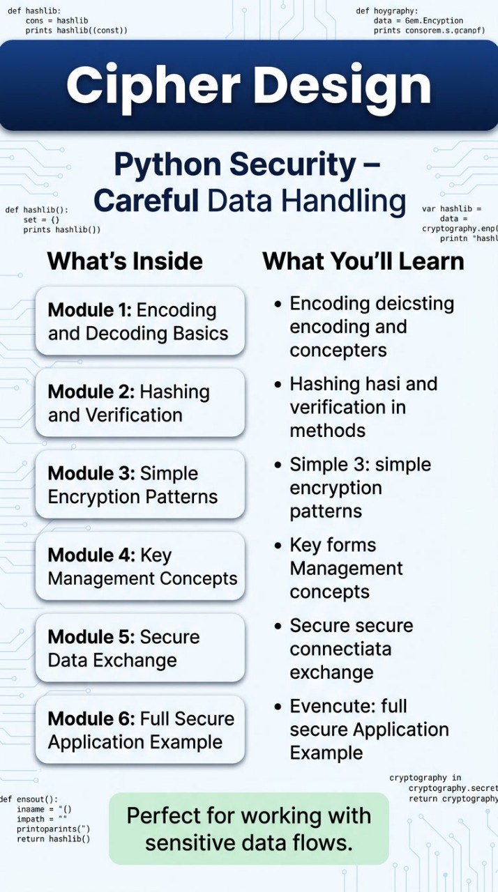 Course outline for 'Python Security - Careful Data Handling' by Cipher Design with modules and learning objectives.